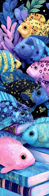 Free printable fish bookmark featuring school of fish near books